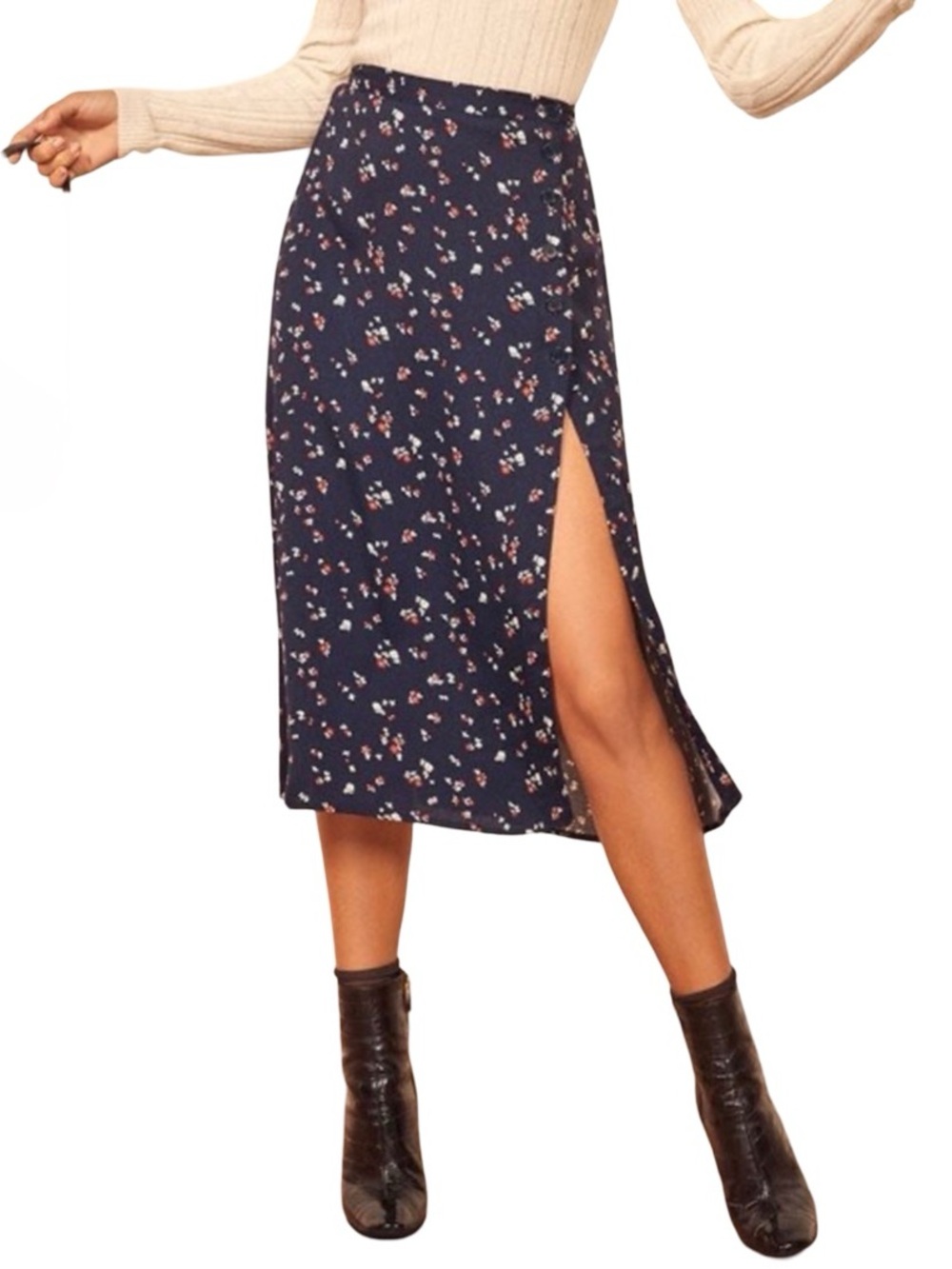 REFORMATION BLUE FLORAL PRINT MIDI SKIRT